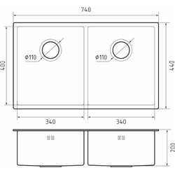 Rivelato Rinox 7444 U2 нерж.сталь 2 чаши 740*440*200 мм